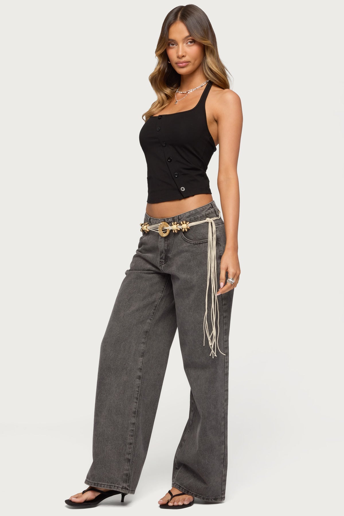 Asymmetric Button Up Halter Top