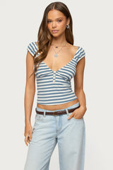 Aina Striped V Neck Henley Top