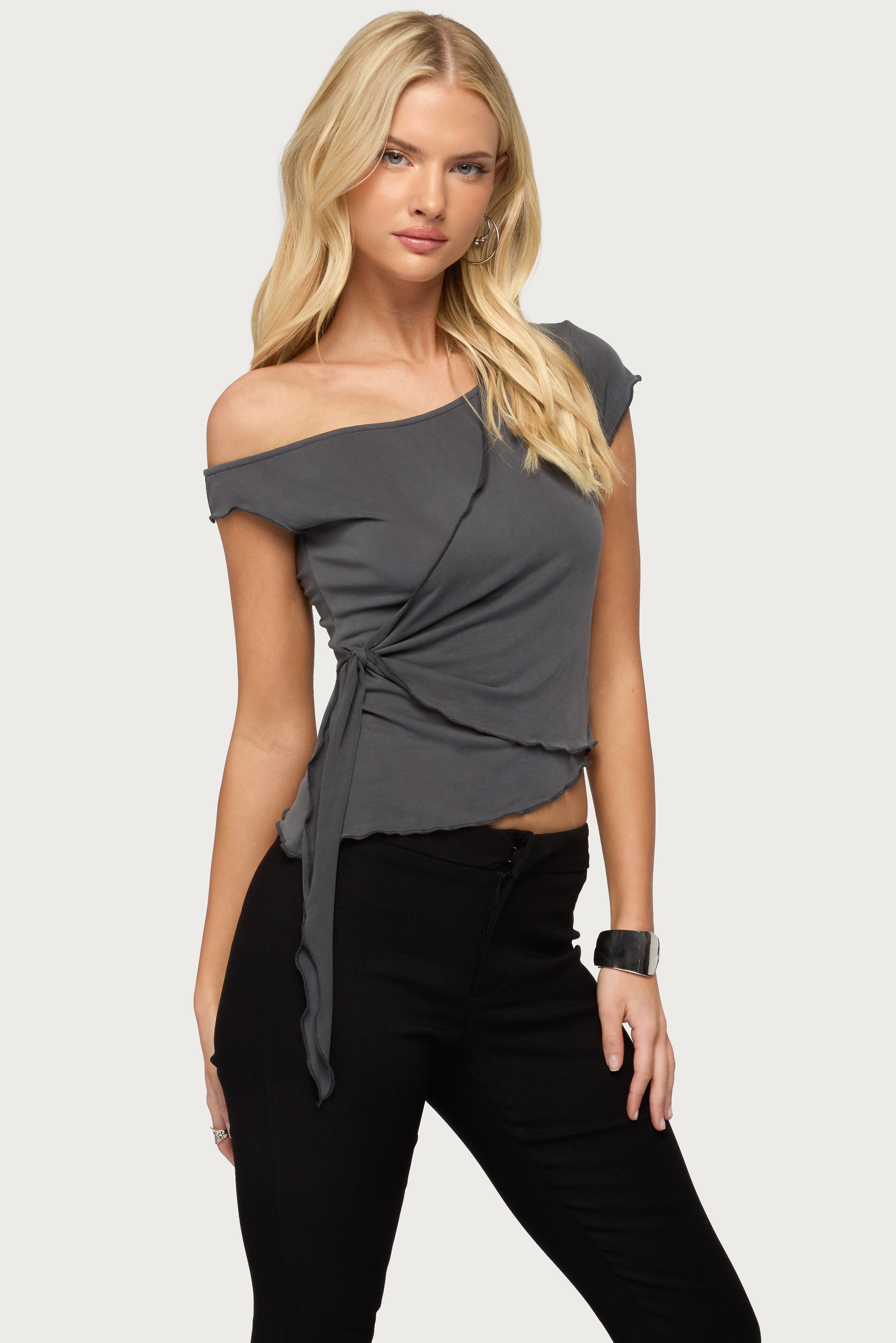 Asymmetric Off Shoulder Wrap Top